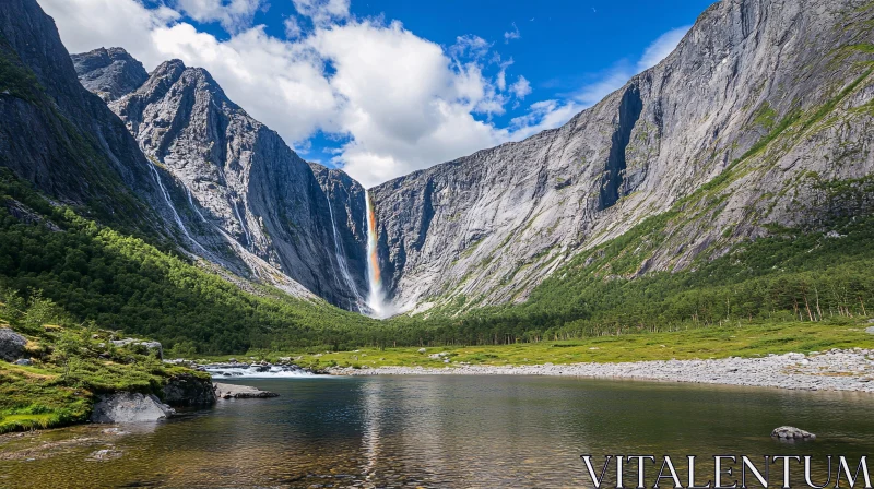 AI ART Waterfall Surrounded by Towering Mountains