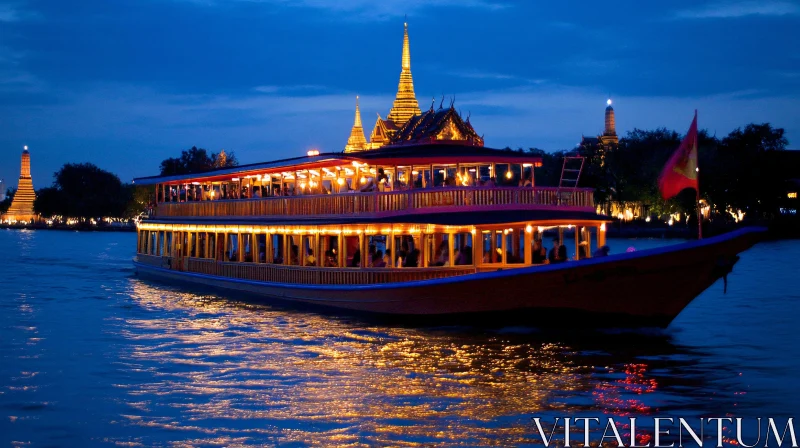 Scenic Night River with Lit Boat and Temples AI Image