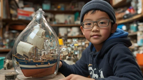 Child Crafting Ship Model in Glass Bottle