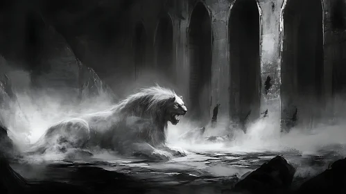 Enigmatic Lion Amidst Mist and Ruins