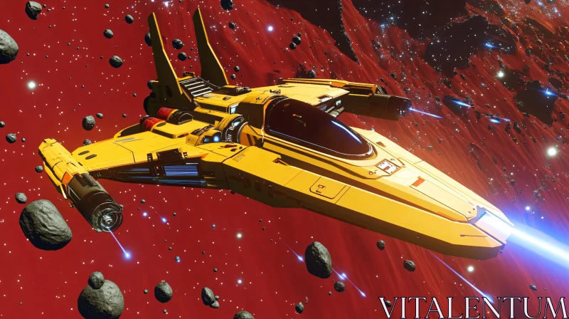 Sleek Yellow Spaceship Navigates Asteroids AI Image