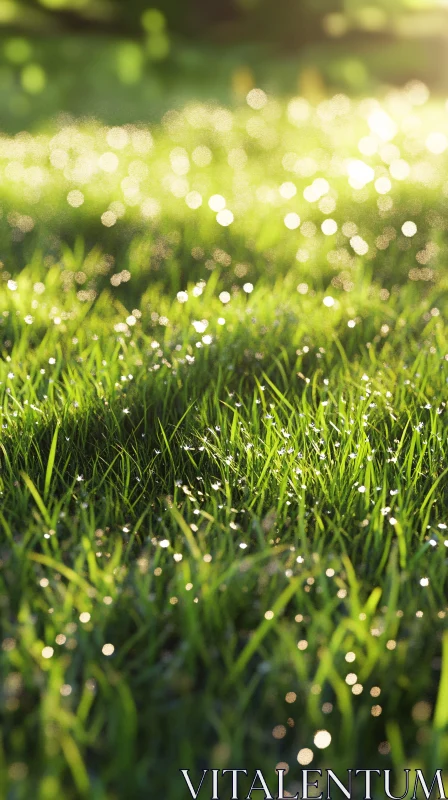 AI ART Sunlit Dew on Green Grass with Bokeh Effect