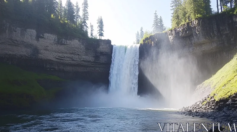 AI ART Serene Waterfall Amidst Cliffs and Trees