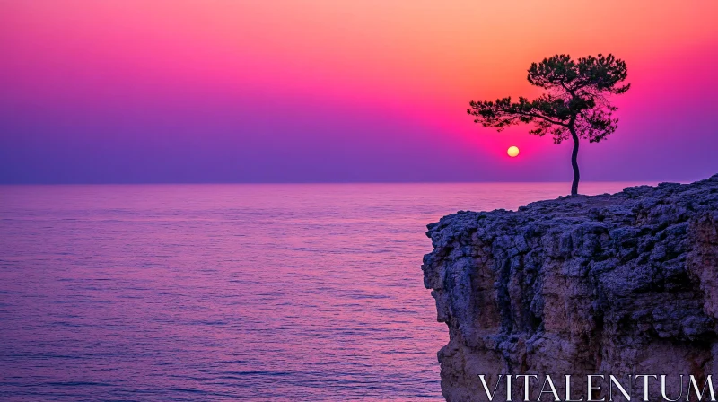 AI ART Solitary Tree on Cliff at Sunset