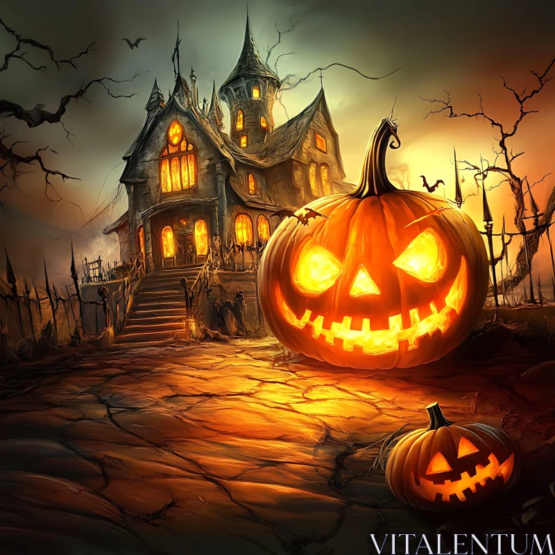 Gothic House with Jack-o'-Lanterns AI Image