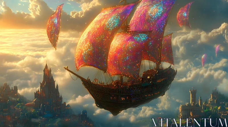 Ethereal Airship with Multicolored Sails Over Castle Realm AI Image