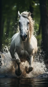 Intriguing White Horse Running through Water in Atmospheric Woodland