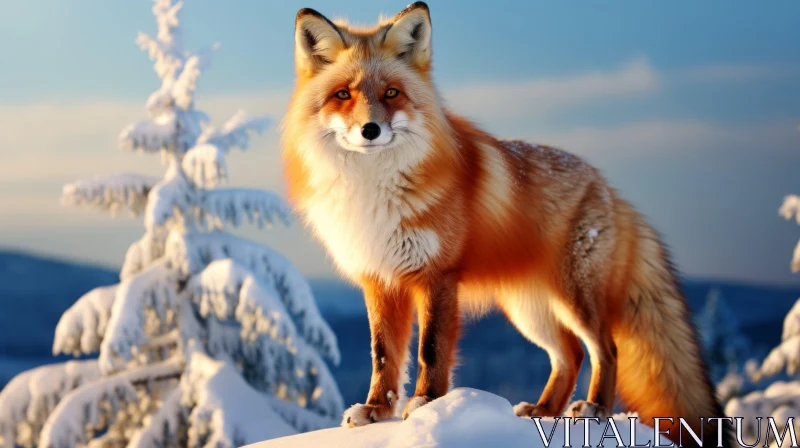 AI ART Red Fox on Snowy Mountain - A Romantic Winter Scene