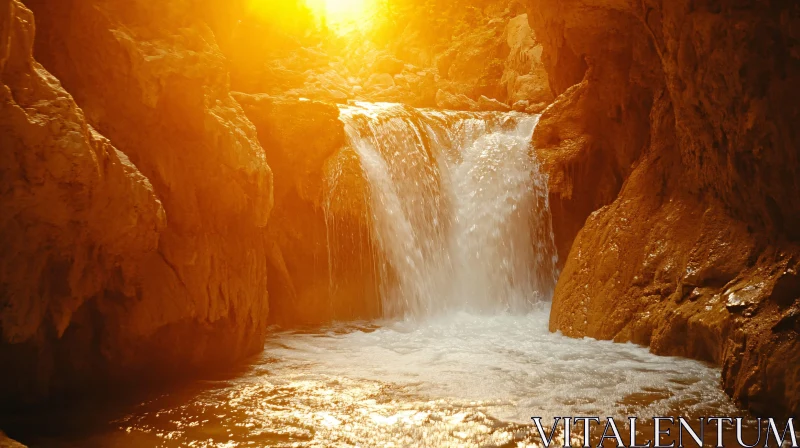 Golden Sunlight Waterfall within Rocky Enclosure AI Image