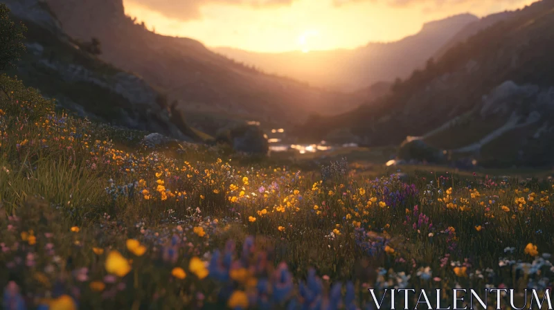 Sunset Over a Flower-Filled Meadow AI Image