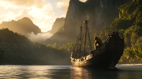 Monkey aboard a Ship at Sunset near Jungle Island