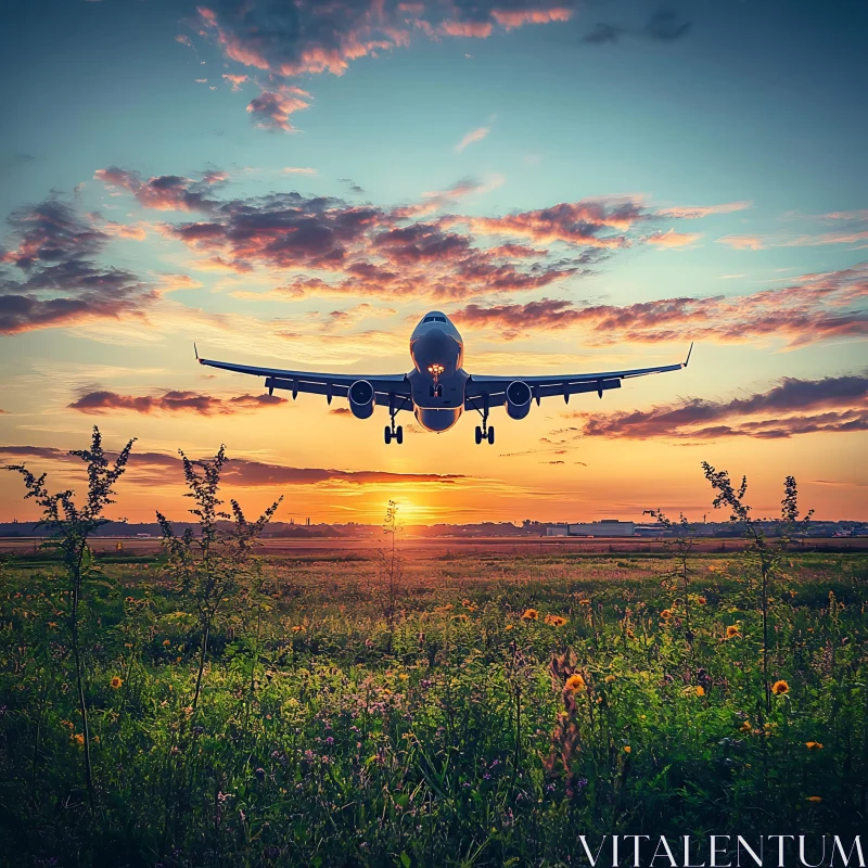 Airplane Touching Down During Sunset AI Image