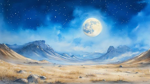 Moonlit Desert Scene with Mountains and Starry Sky