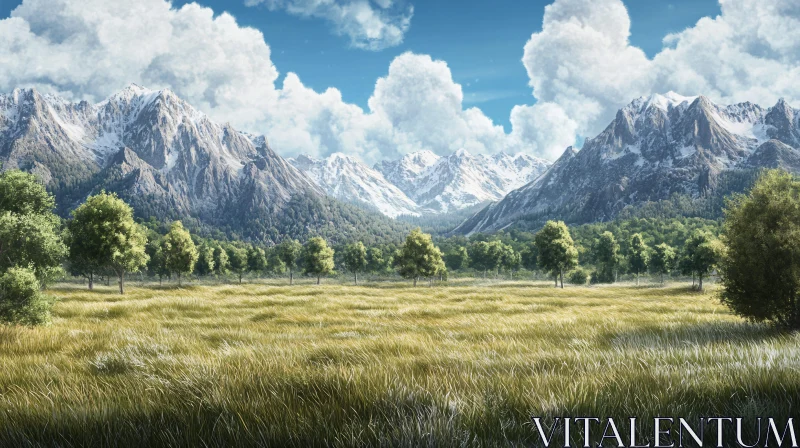 AI ART Idyllic Nature Scene with Lush Greenery and Majestic Mountains