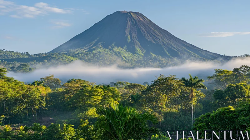 Tropical Volcano with Misty Jungle Landscape AI Image