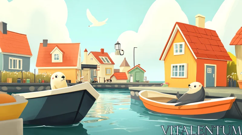 AI ART Seals in a Picturesque Harbor Scene