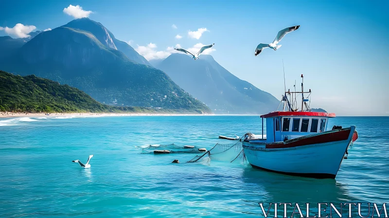 Peaceful Fishing Boat Scene with Mountain Backdrop AI Image