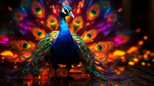 Colorful Peacock Against Mysterious Dark Background