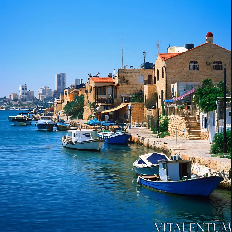 Tranquil Waterfront with Fishing Boats AI Image