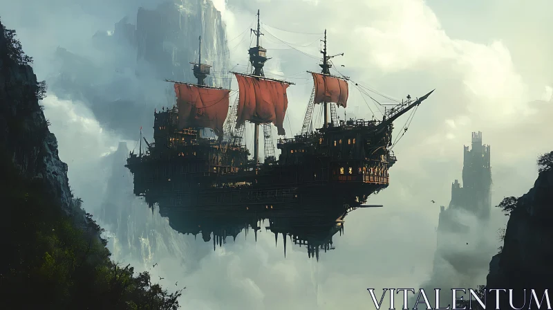 Mystical Floating Ship in Clouded Mountain Landscape AI Image