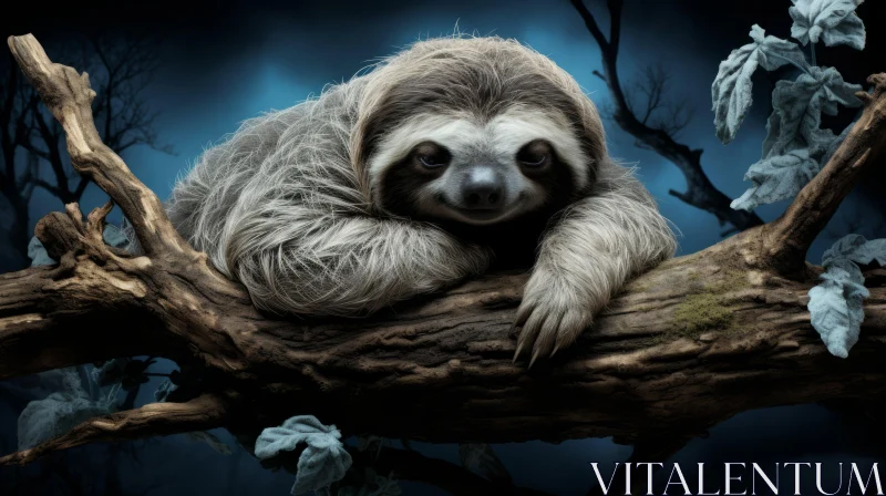 Sloth on Tree Branch in Dark - Photorealistic Portrait AI Image