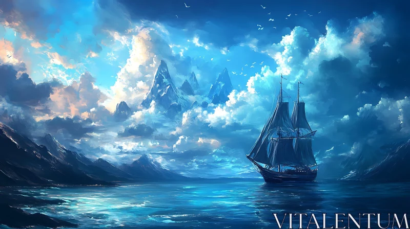 Sailing Ship Amidst Ocean and Mountains AI Image