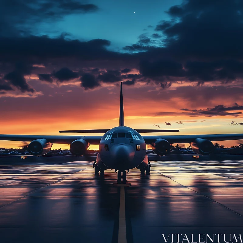 Airplane at Dusk on Reflective Runway AI Image