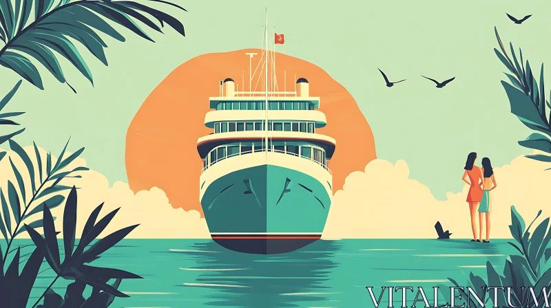 Sunset Voyage Illustration with Ship and Spectators AI Image