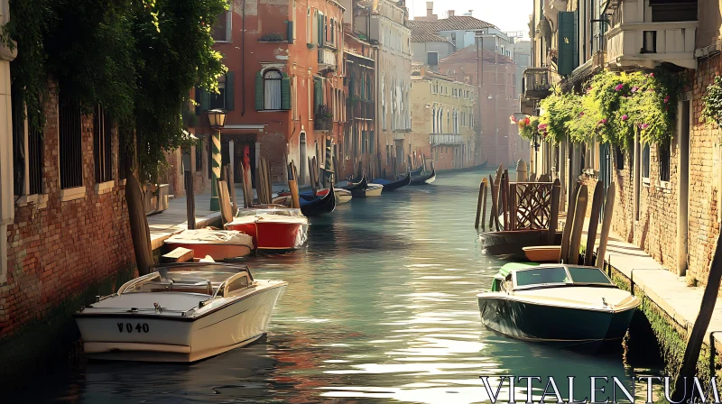 Picturesque City Canal with Boats AI Image