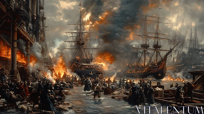 Burning Harbor Scene with Tall Mast Ships AI Image