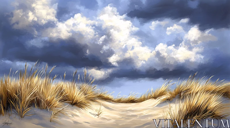 AI ART Grass and Clouds Above Sandy Dunes