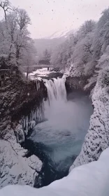 Snow-covered Landscape with Cascading Waterfall