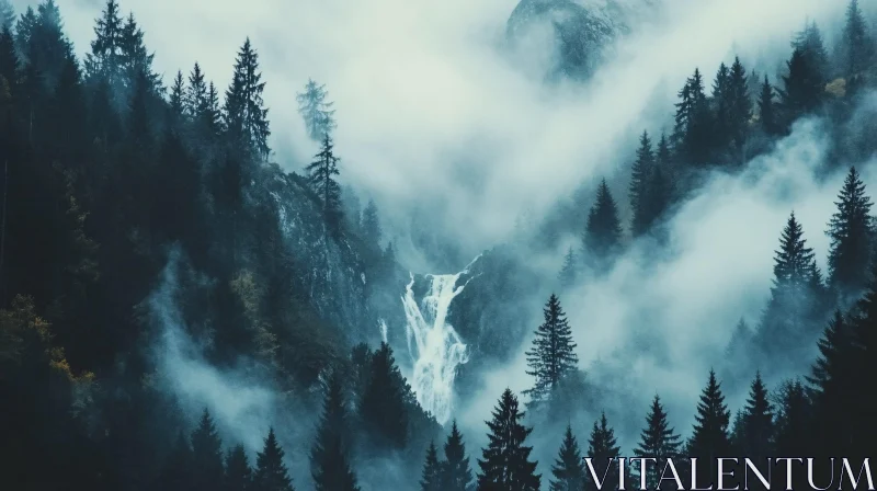 AI ART Mystical Waterfall Amidst Foggy Pines