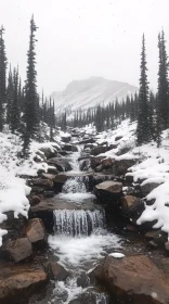 Winter Wonderland with Cascading Waterfall and Snow