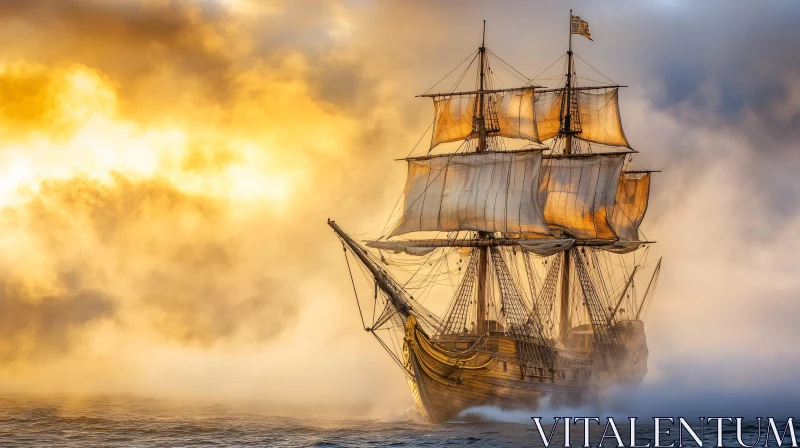 Sunset Mist and Historic Ship AI Image