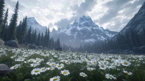 Tranquil Field of Daisies against Majestic Mountain Range