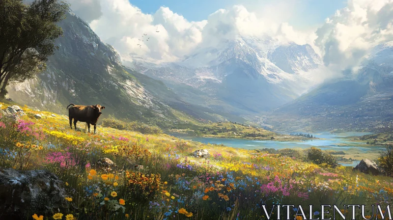 Serene Landscape of Cow in Vibrant Mountain Meadow AI Image