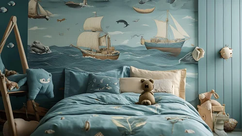 Kids Room with Maritime Wall Mural and Blue Bedding