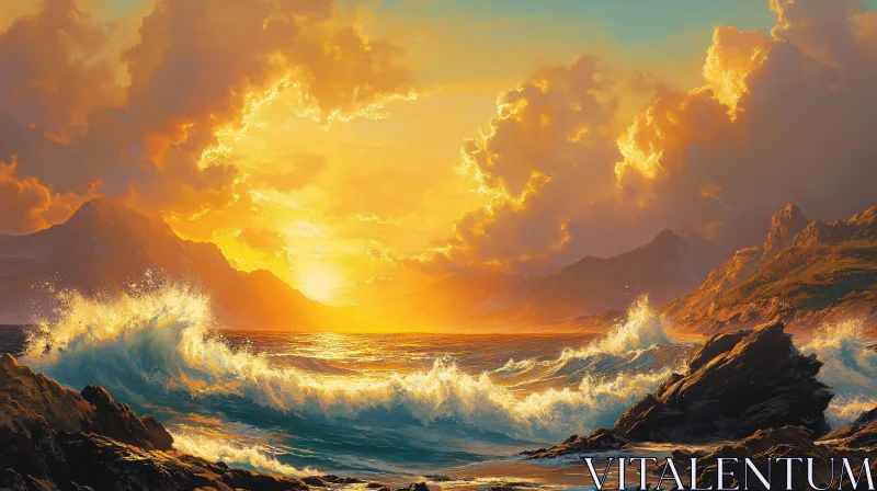 AI ART Sunset Over Ocean with Waves and Mountain Landscape