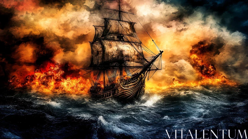 Historic Ship Amidst Ocean Flames AI Image