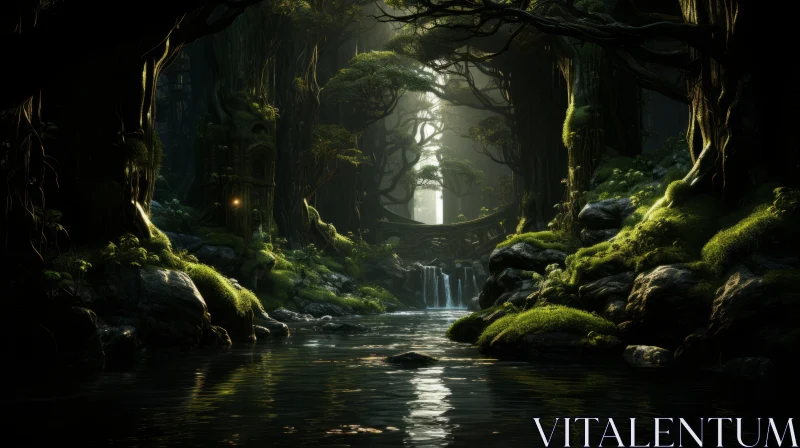 Enchanting Forest Stream - A Touch of Fantasy and Nature AI Image