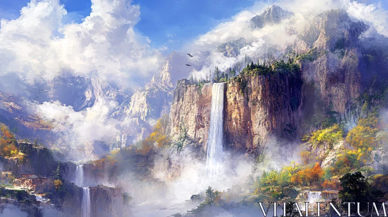 AI ART Serene Waterfall amidst Majestic Mountains