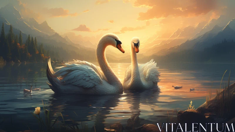 Romantic Lake Scene with Swans at Sunset - Art Illustration AI Image