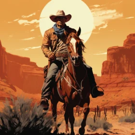 Western Cowboy Illustration in Desert at Sunset