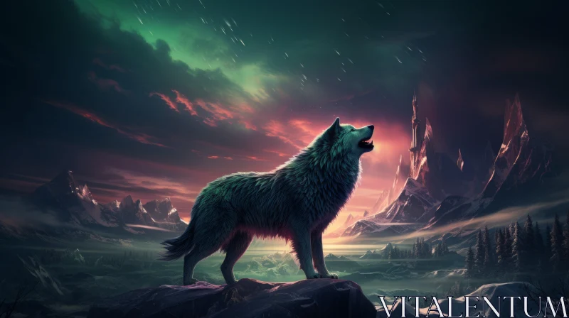 White Wolf Howling on Mountain: A Sci-Fi Style Illustration AI Image