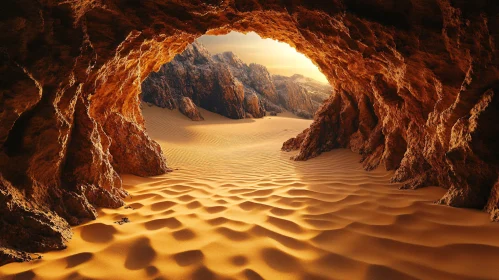 Desert Cave View with Sunlit Sand Dunes