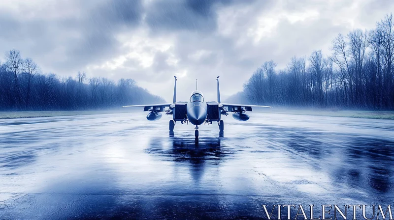 Solitary Jet on Wet Runway with Misty Surroundings AI Image