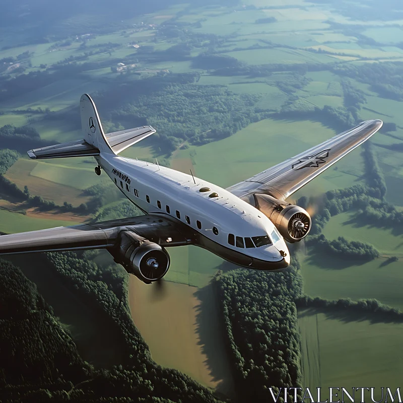 Classic Aircraft Over Green Landscape AI Image