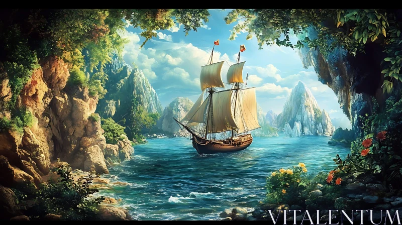 Tranquil Seascape with Sailing Ship AI Image