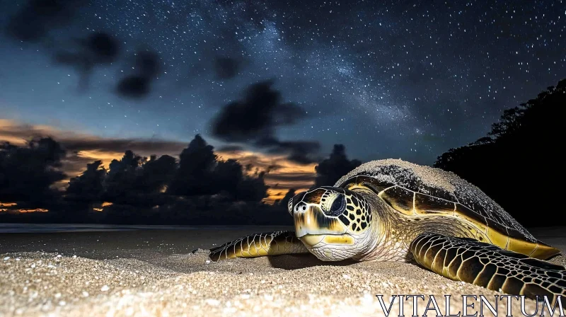 AI ART Nocturnal Beach Scene with a Sea Turtle